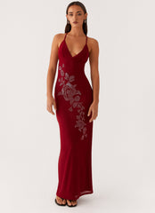 Beki Beaded Mesh Maxi Dress - Deep Red