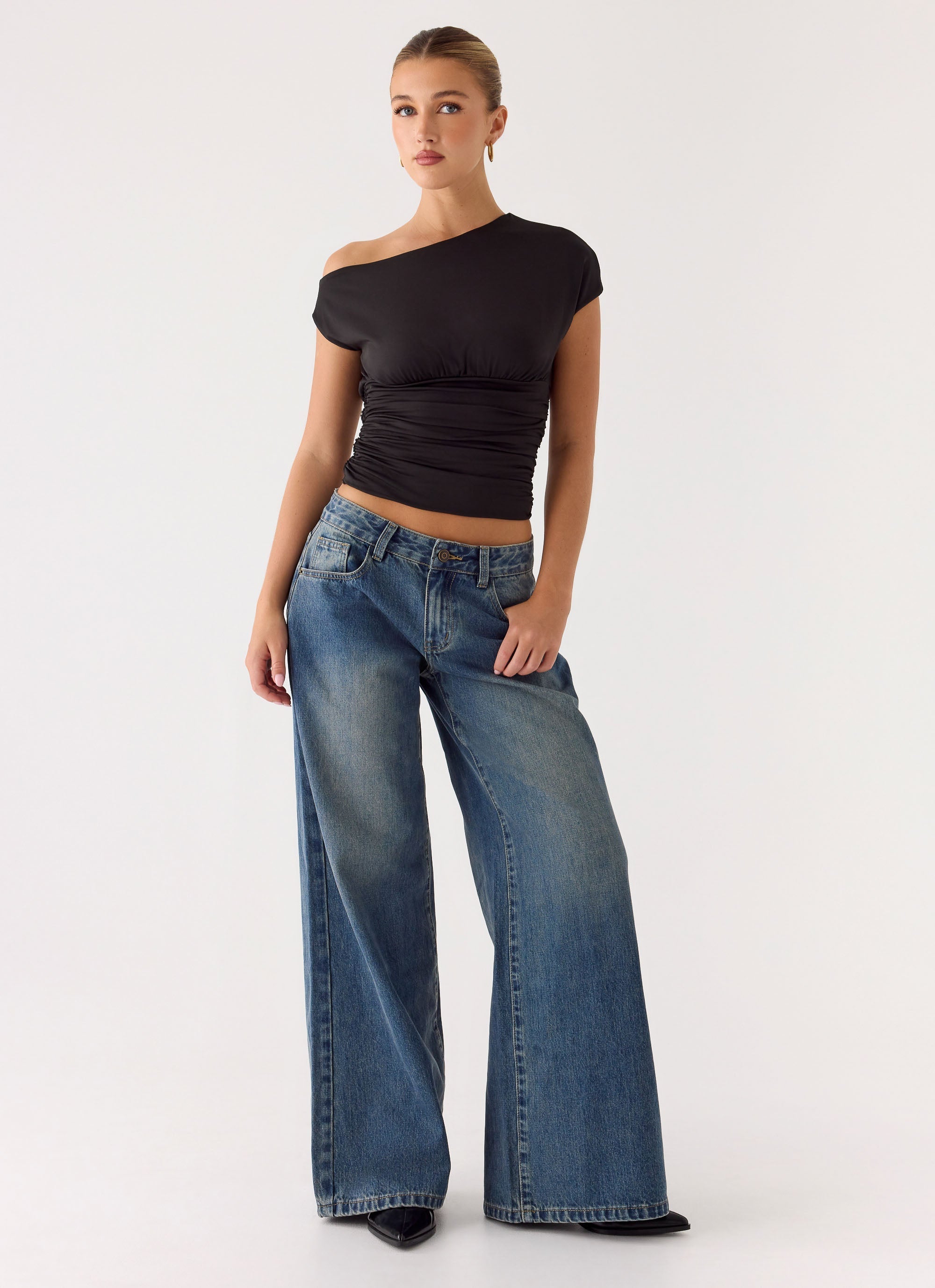 Neo Low Rise Wide Leg Denim Jeans - Vintage Blue Bleach Wash